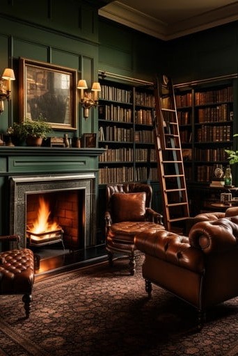 green and leather home library