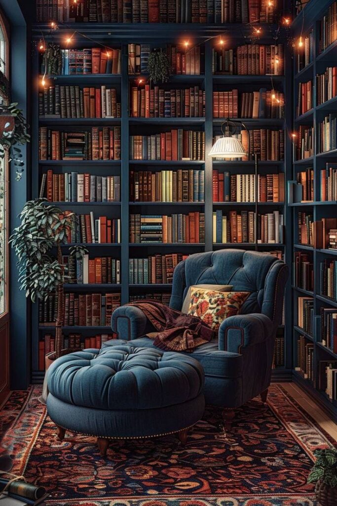 moody blue home library design