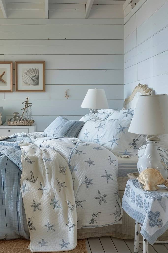 white wall seashell coastal bedroom